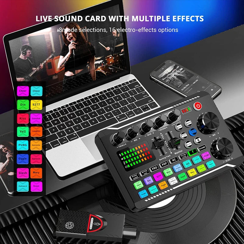 Live Sound Card & Audio Interface with DJ Mixer, Bluetooth Stereo Audio Mixer, Voice Changer for YouTube Streaming