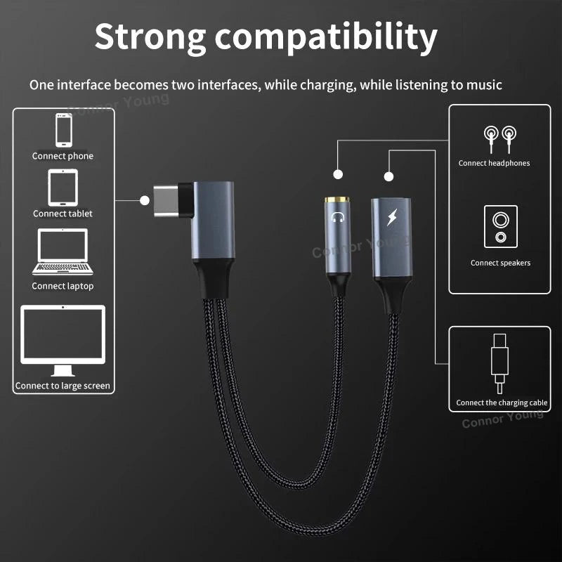 2 IN 1 OTG Elbow USB Type C to 3.5 mm AUX Jack Audio Headphone Adapter Splitter 60W Fast Charging for Samsung Xiaomi iPhone 15