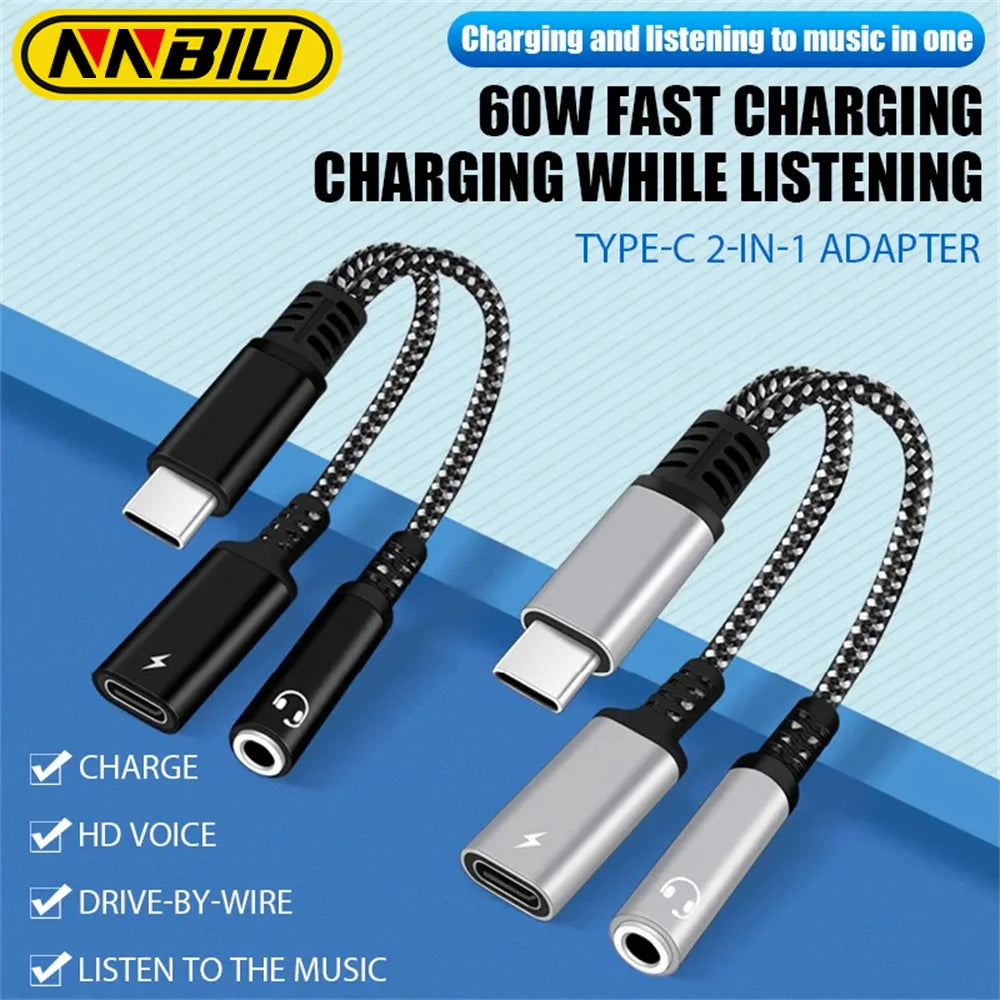 NNBILI PD 60W Type C to 3.5mm Headphone & Charge Adapter