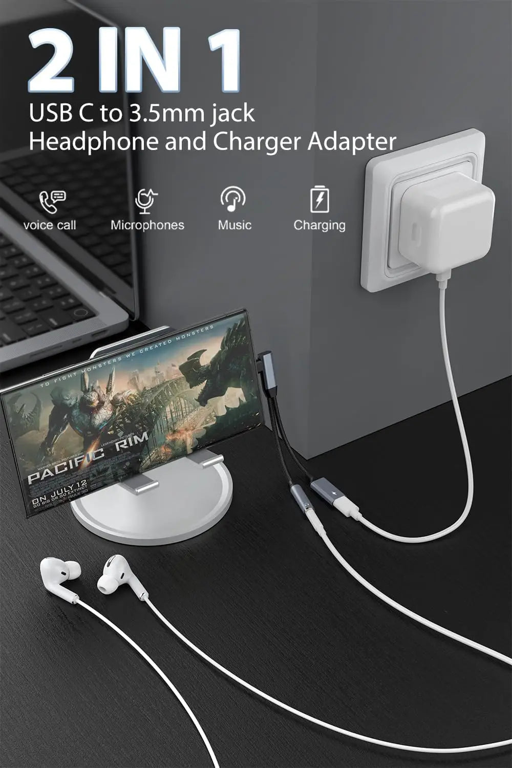 2 IN 1 OTG Elbow USB Type C to 3.5 mm AUX Jack Audio Headphone Adapter Splitter 60W Fast Charging for Samsung Xiaomi iPhone 15