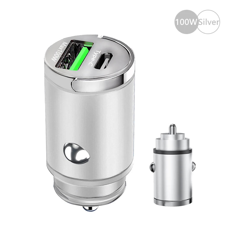 Mini 100W Car Charger Type C Dual USB Fast Charging For iphone 15 pro max Samsung Huawei Xiaomi Socket Cigarette Lighter Charger