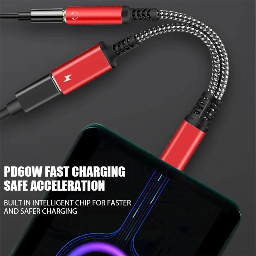 NNBILI PD 60W 2in1 Type C To 3.5mm Headphone Jack Adapter Type C Charge Audio Aux Adaptor For iPad Pro Samsung S24 Xiaomi Huawei