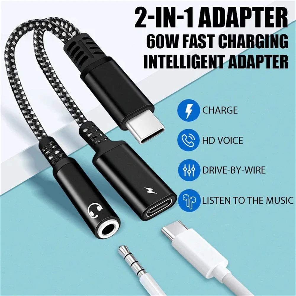 NNBILI PD 60W 2in1 Type C To 3.5mm Headphone Jack Adapter Type C Charge Audio Aux Adaptor For iPad Pro Samsung S24 Xiaomi Huawei