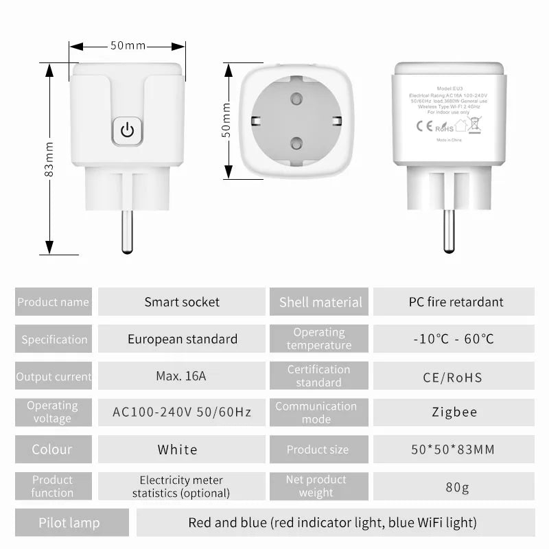 WiFi Smart Plug Socket EU 16/20A – Power Monitoring & Voice Control