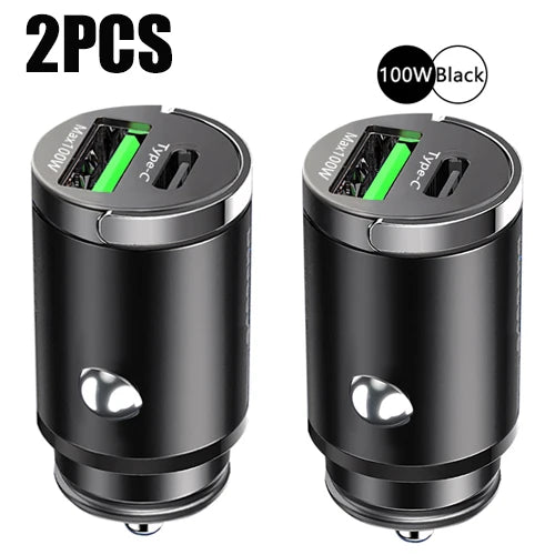 Mini 100W Car Charger Type C Dual USB Fast Charging For iphone 15 pro max Samsung Huawei Xiaomi Socket Cigarette Lighter Charger