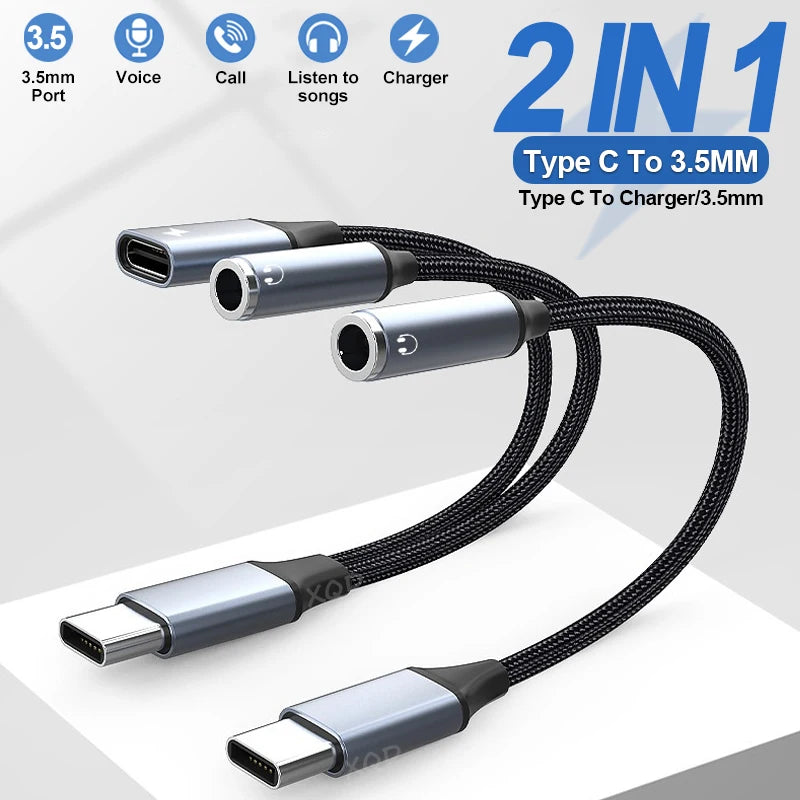 2-in-1 Fast Charge Audio Adapter – Type-C to 3.5mm Jack Earphone Splitter