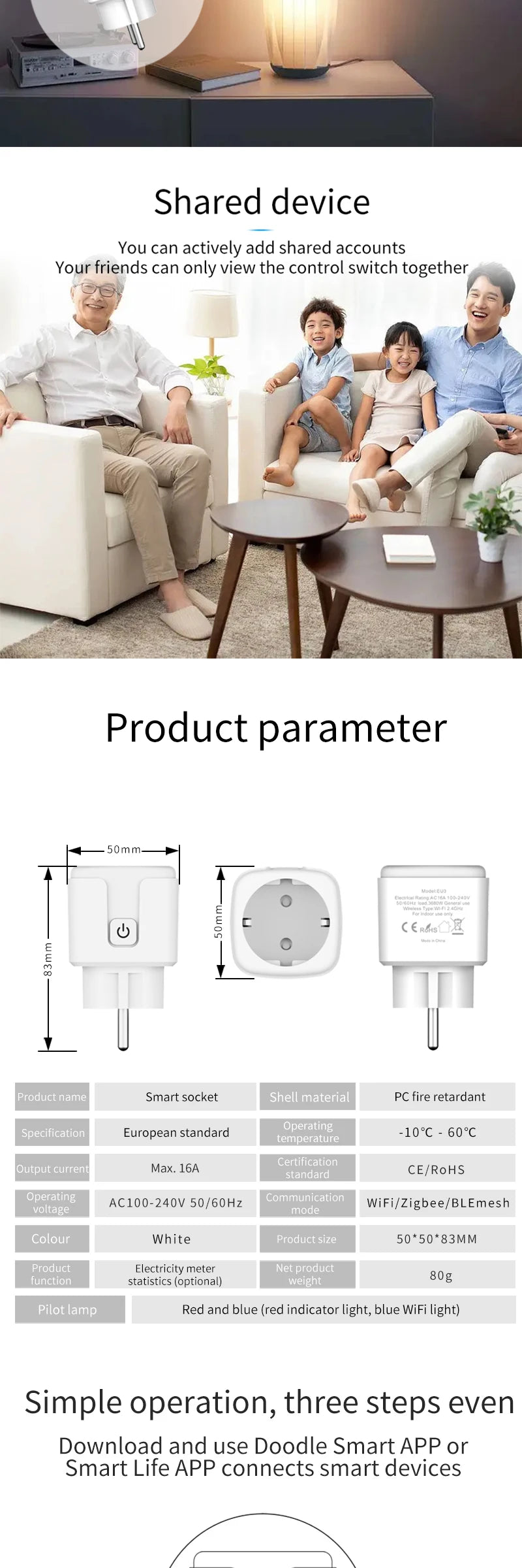 WiFi Smart Plug Socket EU 16/20A – Power Monitoring & Voice Control