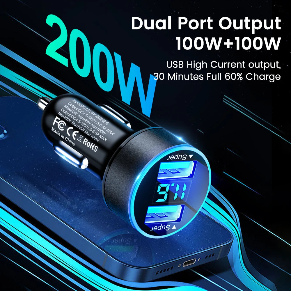 200W Dual USB Car Charger with Digital Display