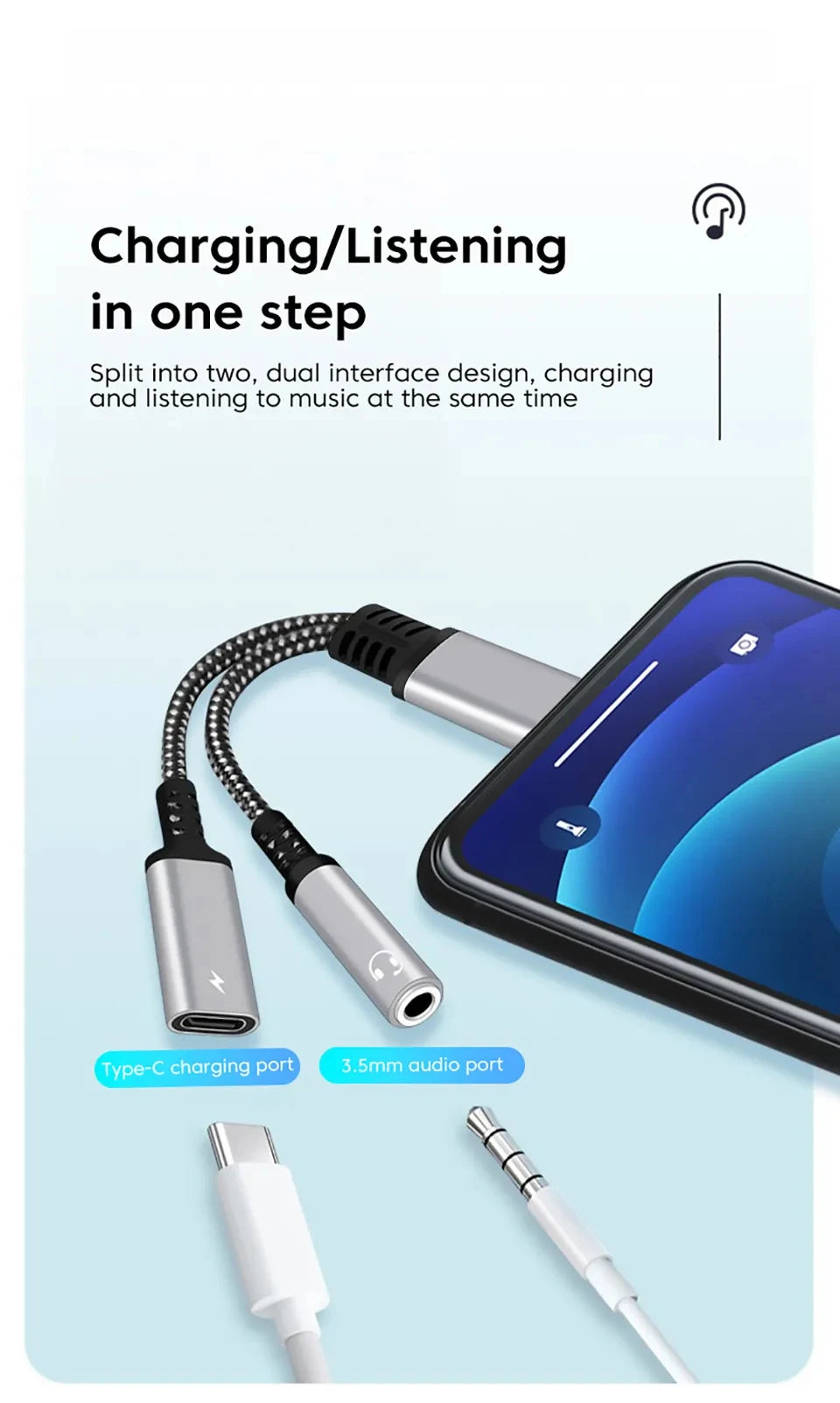 2-in-1 Fast Charge Audio Adapter – Type-C to 3.5mm Jack Earphone Splitter